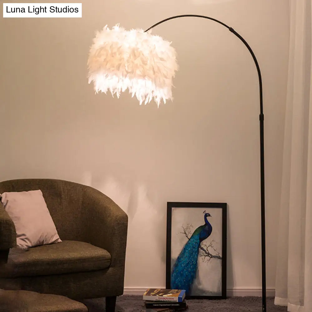 Nordic Feather Standing Lamp: Drum-Shaped 1-Bulb Gooseneck Floor Light Black/White - With/Without