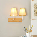 Nordic Flaxen Cone Shade Wall Mounted Light With Wood Backplate - 2 Bulbs Sconce Fixture