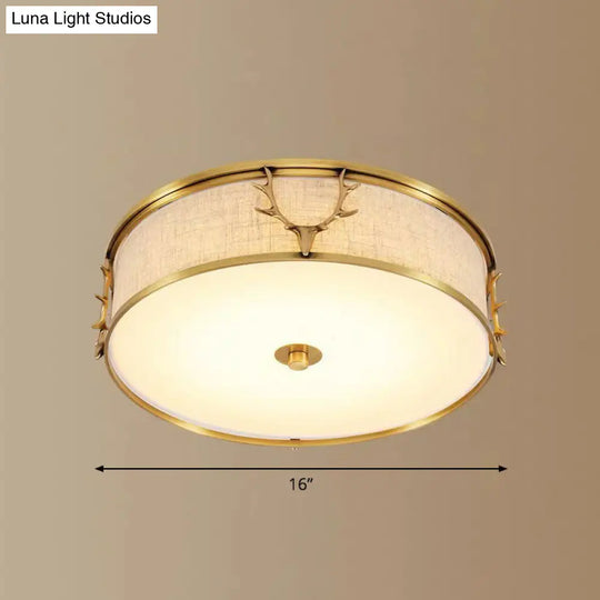 Nordic Foyer Charm: Fabric Drum Flush Mount Ceiling Light With Decorative Antler Accents