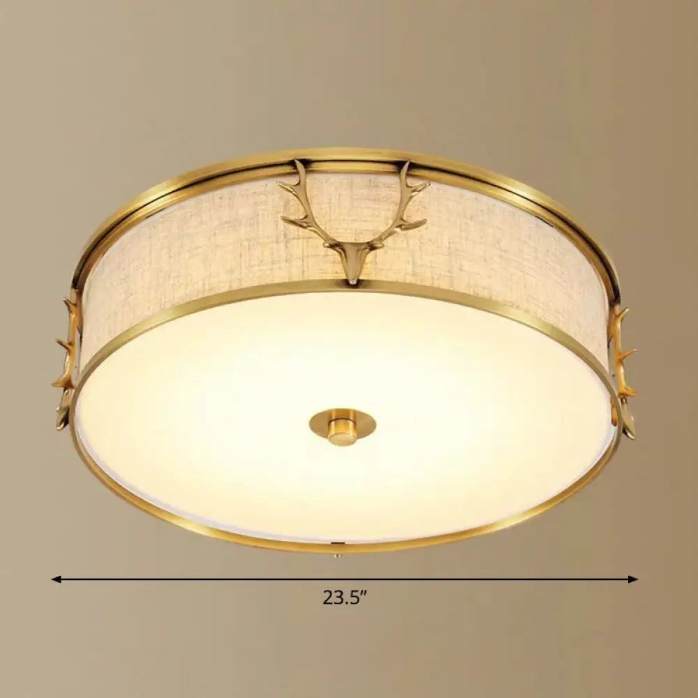 Nordic Foyer Charm: Fabric Drum Flush Mount Ceiling Light With Decorative Antler Accents Brass /