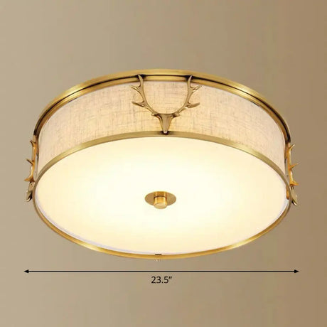 Nordic Foyer Charm: Fabric Drum Flush Mount Ceiling Light With Decorative Antler Accents Brass /