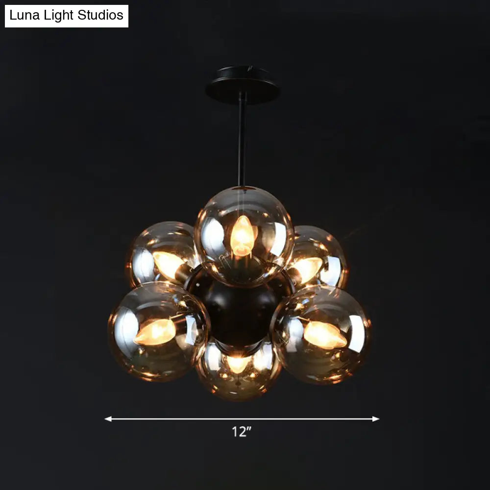 Nordic Bubble Glass Pendant Chandelier: Sleek 6-Bulb Black Hanging Light For Bedroom Amber