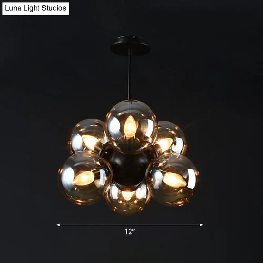 Nordic Bubble Glass Pendant Chandelier: Sleek 6-Bulb Black Hanging Light For Bedroom Amber