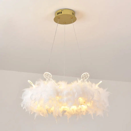 Nordic Gold And White Feather Crown Chandelier For Girls Room - Elegant Suspension Lighting 1 /