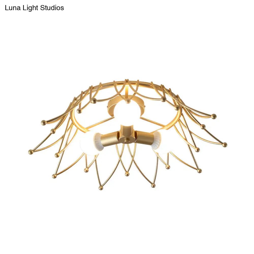 Nordic Gold Crown Shape Flush Mount Light W/ 3 Bulbs & Metal Shade