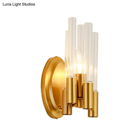 Nordic Gold Tube Wall Mount Sconce Light Fixture - 1 Head Clear Glass Ideal For Living Room
