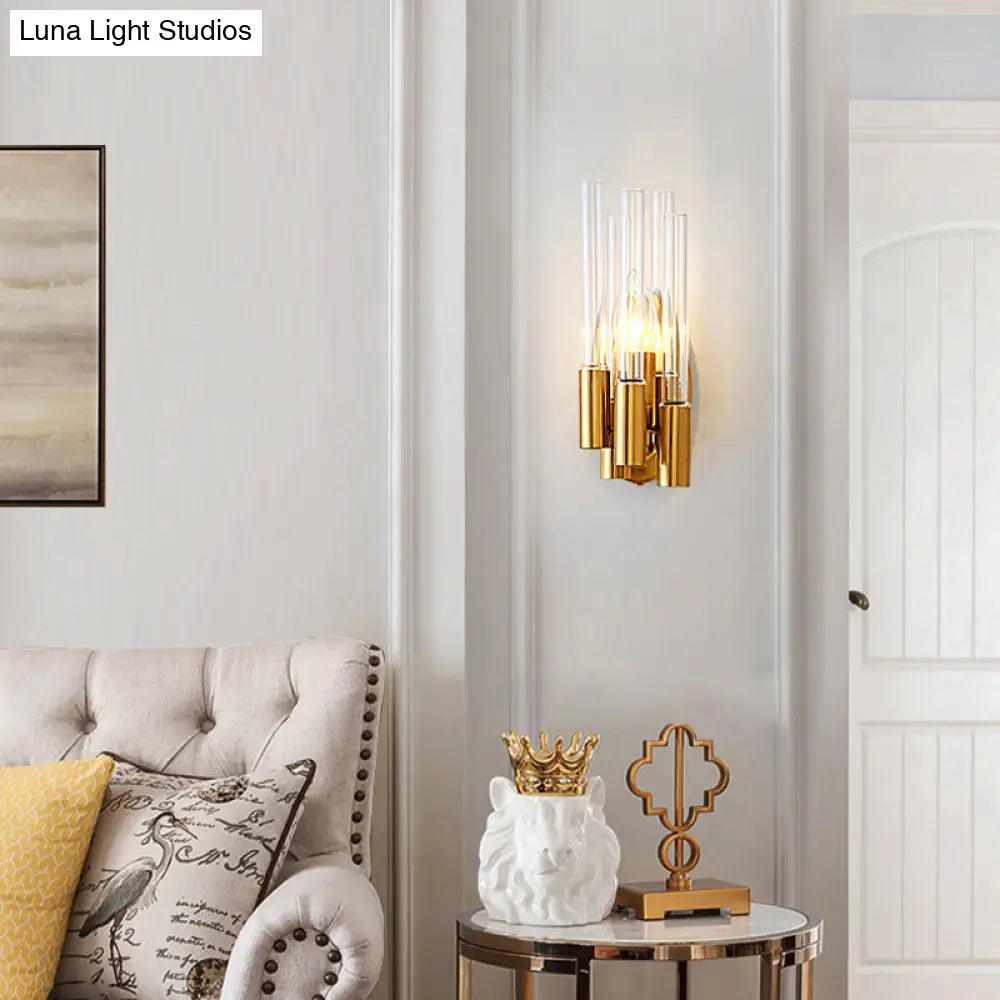 Nordic Gold Tube Wall Mount Sconce Light Fixture - 1 Head Clear Glass Ideal For Living Room