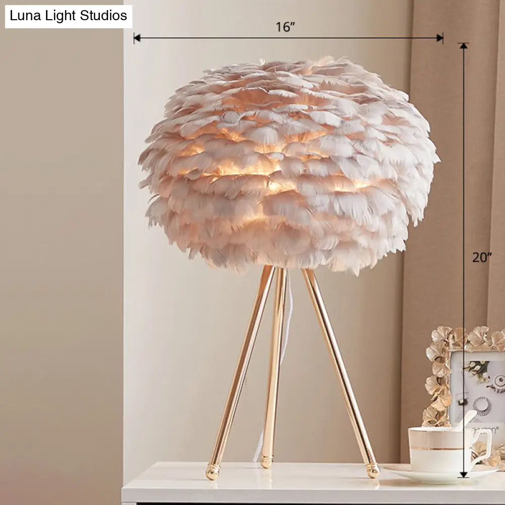 Nordic Goose Feather Sphere Table Lamp With Tripod Stand - Stylish 1-Bulb Night Light