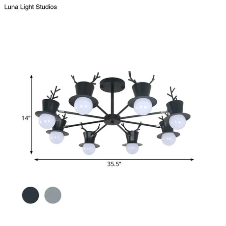 Nordic Grey/Black 5/8-Head Rotatable Chandelier Light With Antler Cap Iron Shade