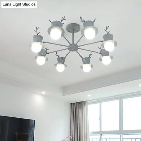 Nordic Grey/Black 5/8-Head Rotatable Chandelier Light With Antler Cap Iron Shade