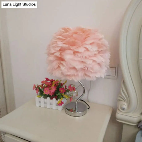 Nordic Grey/Orange/Pink Bedroom Night Lamp - 1-Light Table Light With Feather Shade And Crystal