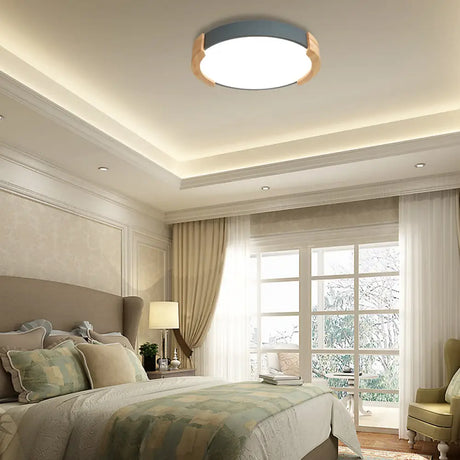 Nordic Grey/White/Green Round Flush Light With Wood Side Guard - Ceiling Mounted Fixture For