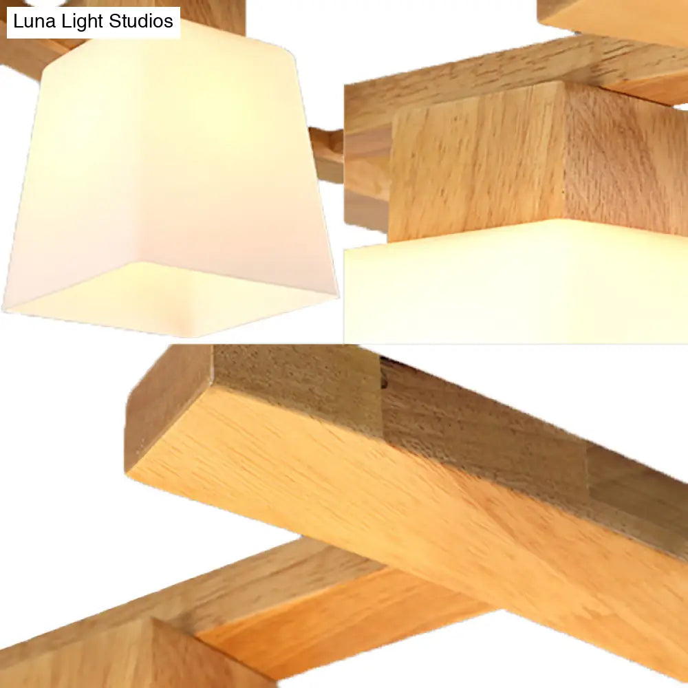 Nordic Hang Lamp: Triple Light Glass & Wood Dining Room Island Lighting With Square Shade