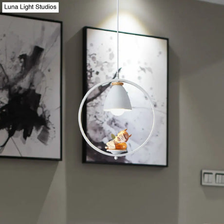 Nordic Hanging Light Kit - 1 Head Iron Bell And Ring Pendant Lamp White Finish With Whimsical
