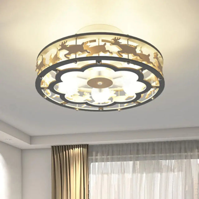 Nordic Iron Drum Ceiling Light Fixture 6-Bulb Semi Flush Mount Grey With Wood Elk Decor