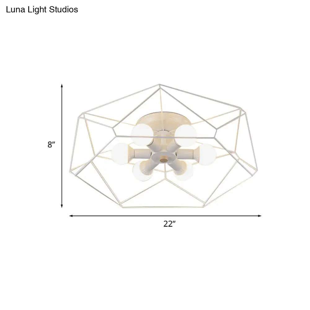 Nordic Iron Flush Mount Ceiling Light With Hexagon Cage | White| 3/6 Bare Bulb - Lit Fixtures