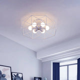 Nordic Iron Flush Mount Ceiling Light With Hexagon Cage | White| 3/6 Bare Bulb - Lit Fixtures 6 /