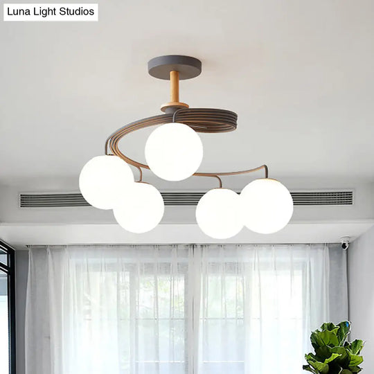 Nordic Iron Swirl Flush Chandelier: 5 Bulbs Grey/Green Ceiling Light With Orb Glass Shade And Wood