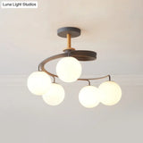 Nordic Iron Swirl Flush Chandelier With 5 Bulbs Grey/Green Semi Ceiling Light Featuring Orb Glass