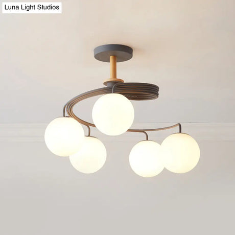 Nordic Iron Swirl Flush Chandelier With 5 Bulbs Grey/Green Semi Ceiling Light Featuring Orb Glass