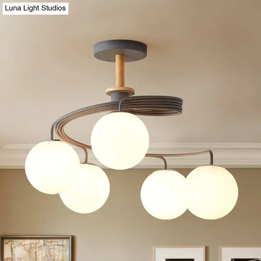 Nordic Iron Swirl Flush Chandelier: 5 Bulbs Grey/Green Ceiling Light With Orb Glass Shade And Wood