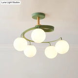 Nordic Iron Swirl Flush Chandelier With 5 Bulbs Grey/Green Semi Ceiling Light Featuring Orb Glass
