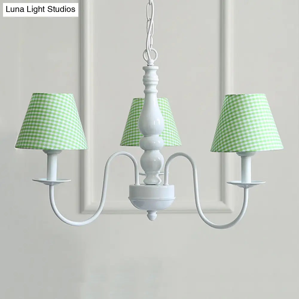 Nordic Kids Chandelier - Restaurant Plaid Fabric Suspension Light With 3 Bulbs