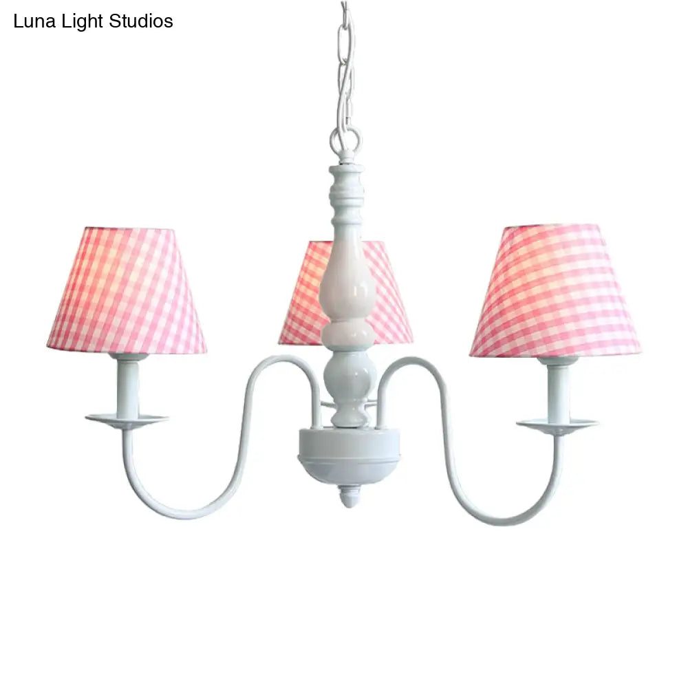 Nordic Kids Chandelier - Restaurant Plaid Fabric Suspension Light With 3 Bulbs