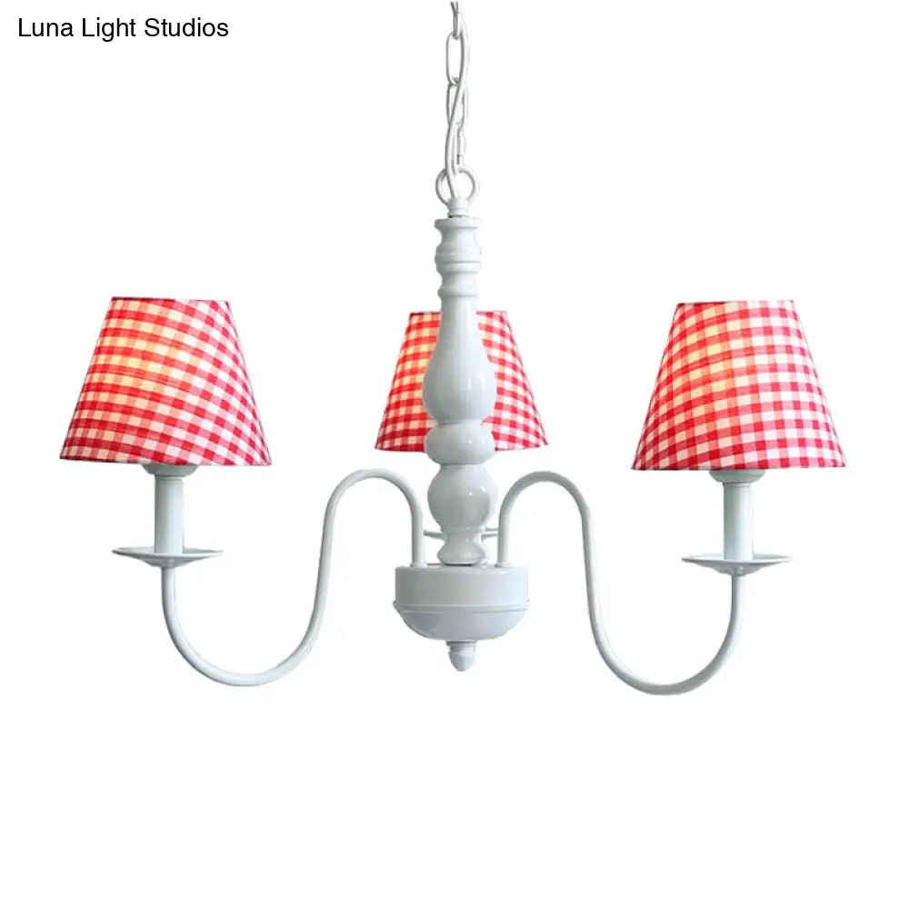 Nordic Kids Chandelier - Restaurant Plaid Fabric Suspension Light With 3 Bulbs