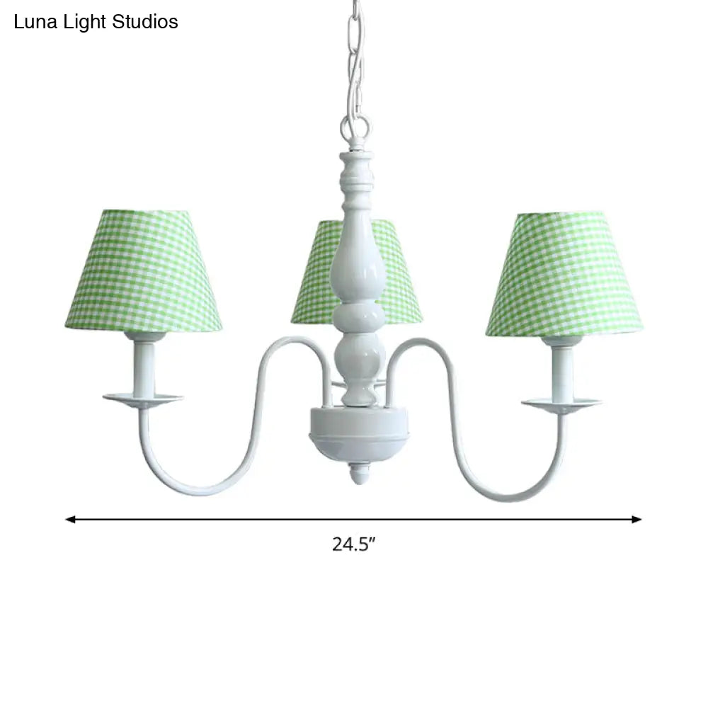 Nordic Kids Chandelier - Restaurant Plaid Fabric Suspension Light With 3 Bulbs