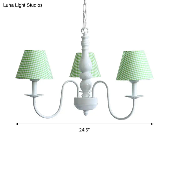 Nordic Kids Chandelier - Restaurant Plaid Fabric Suspension Light With 3 Bulbs
