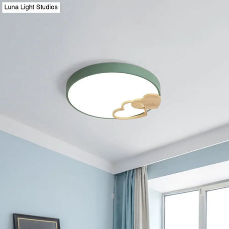 Nordic Led Acrylic Drum Flush Mount Ceiling Light With Heart Decor In Gray/White/Green