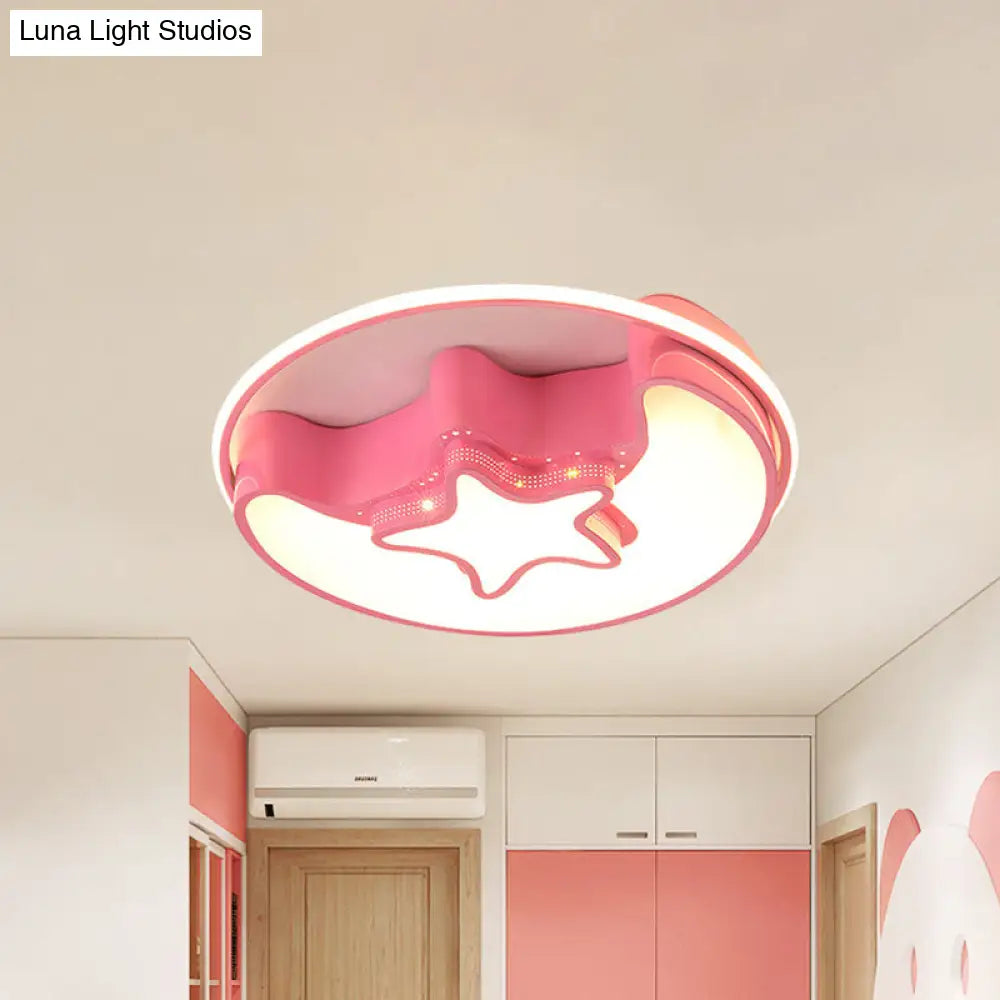 Nordic Led Ceiling Fixture With Moon And Star Flush Mount Spotlight: White/Pink/Blue Acrylic Shade