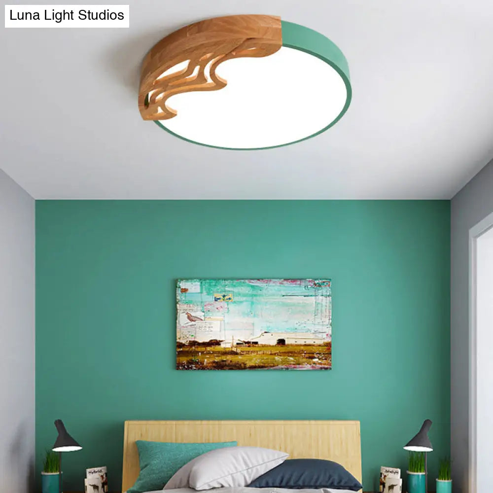Nordic Led Ceiling Light - Thin Round Acrylic Flushmount With Wavy Wood Pattern White/Grey/Green