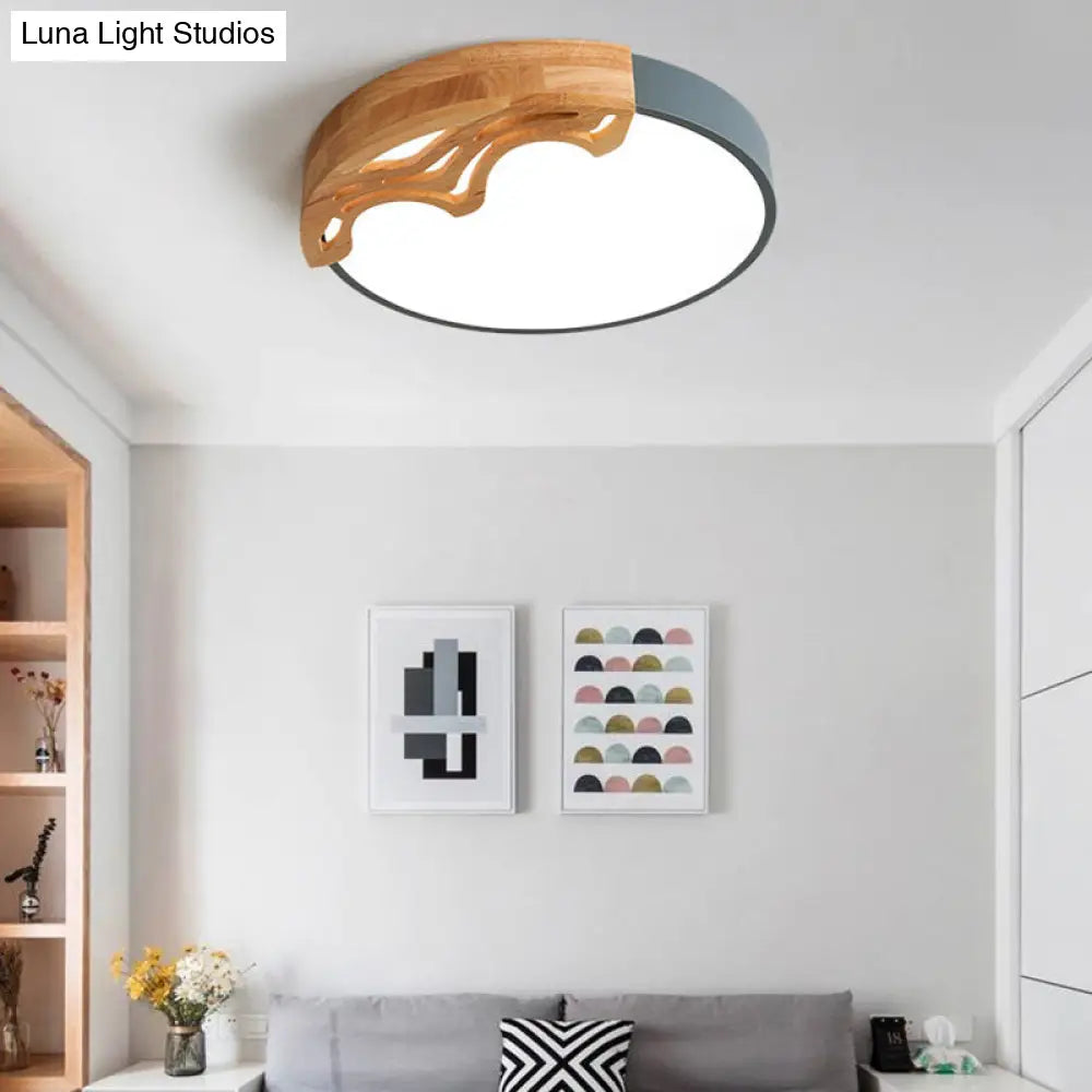 Nordic Led Ceiling Light - Thin Round Acrylic Flushmount With Wavy Wood Pattern White/Grey/Green