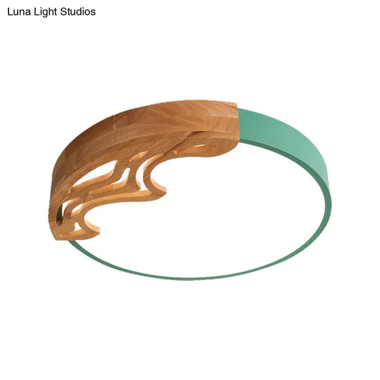 Nordic Led Ceiling Light- Thin Round Acrylic Flushmount With Wavy Wood Pattern White/Grey/Green