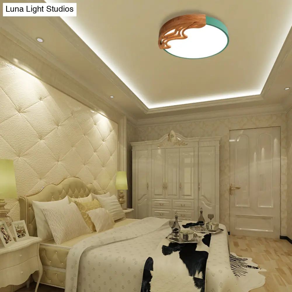Nordic Led Ceiling Light- Thin Round Acrylic Flushmount With Wavy Wood Pattern White/Grey/Green