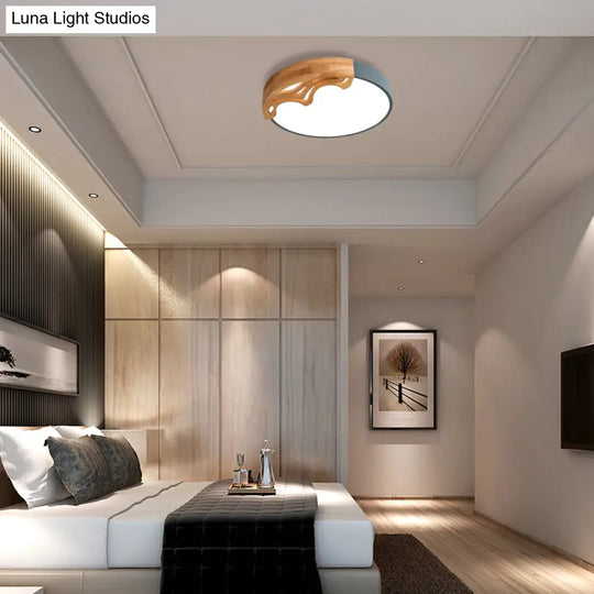 Nordic Led Ceiling Light- Thin Round Acrylic Flushmount With Wavy Wood Pattern White/Grey/Green