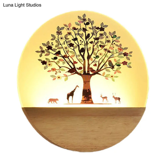 Nordic Led Wall Light With Wood Tree And Animal/Flowering Print Design Acrylic Shade Included