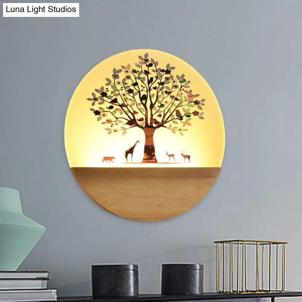 Nordic Led Wall Light With Wood Tree And Animal/Flowering Print Design Acrylic Shade Included