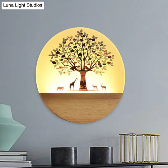 Nordic Led Wall Light With Wood Tree And Animal/Flowering Print Design Acrylic Shade Included