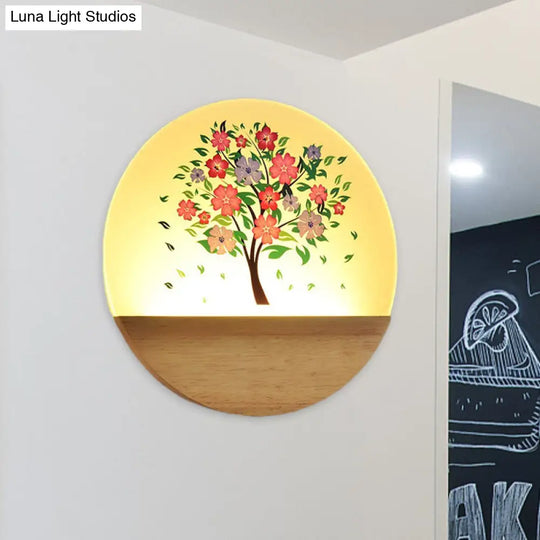 Nordic Led Wall Light With Wood Tree And Animal/Flowering Print Design Acrylic Shade Included