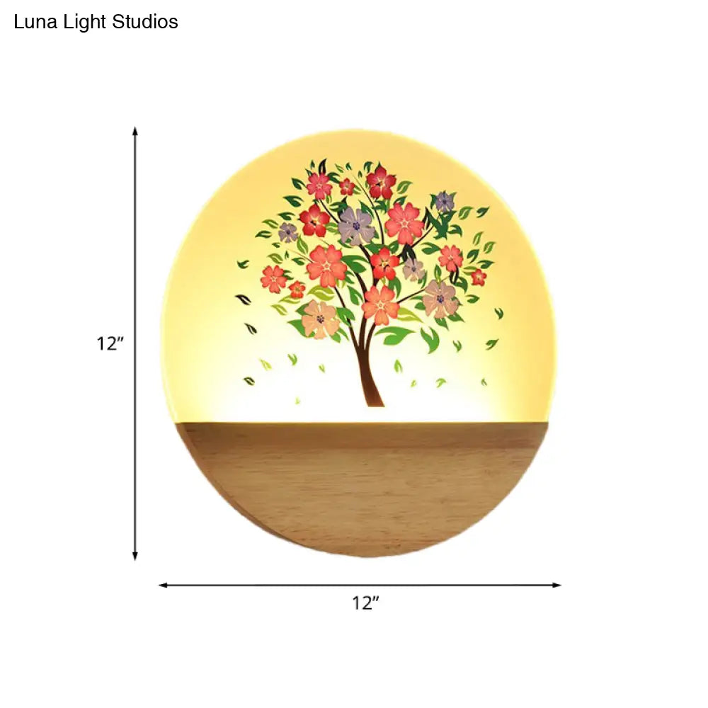 Nordic Led Wall Light With Wood Tree And Animal/Flowering Print Design Acrylic Shade Included