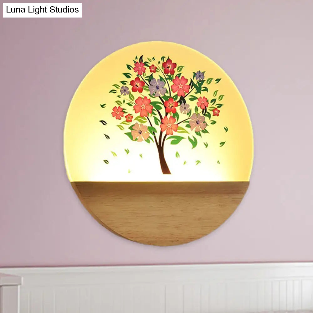 Nordic Led Wall Light With Wood Tree And Animal/Flowering Print Design Acrylic Shade Included