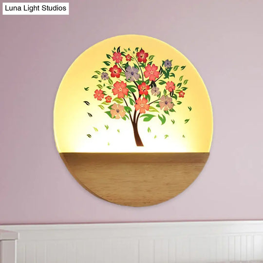 Nordic Led Wall Light With Wood Tree And Animal/Flowering Print Design Acrylic Shade Included