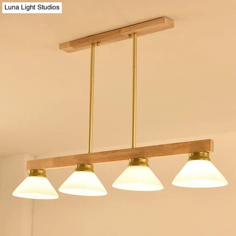Nordic Linear Wood Hanging Light With 4 Heads And Opal Glass Shade In Gold/Black Finish