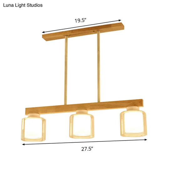 Nordic Linear Wood Island Light With White Glass Shades - 3/4 Heads Dining Room Hanging Lamp