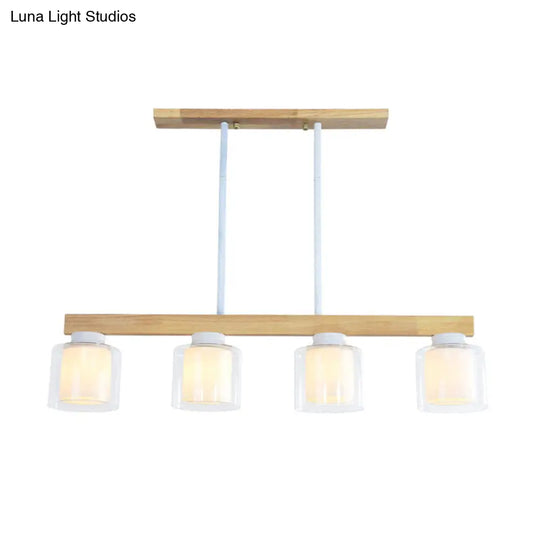 Nordic Linear Wood Island Light With White Glass Shades - 3/4 Heads Dining Room Hanging Lamp