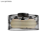 Nordic Metal 3 - Light Semi Flush Mount Lamp With Round Iron Cage For Bedroom Ceiling - Black/White