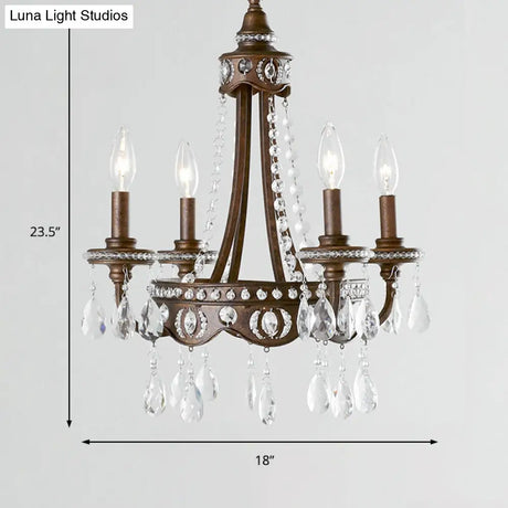 Nordic Metal Candle Chandelier: Rustic Hanging Light Fixture With Crystal Drop - 4 Lights